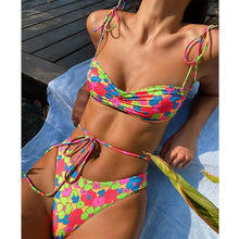 Load image into Gallery viewer, String Bikini Swimsuit Floral Print Swimwear Women Bathing Suit High Waist Bikini Set Beachwear Women's Floral Printed Swimsuit Knotted String Triangle Bikini Tie Side High Cut Cheeky Bikini Set
