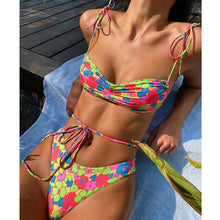 Load image into Gallery viewer, String Bikini Swimsuit Floral Print Swimwear Women Bathing Suit High Waist Bikini Set Beachwear Women's Floral Printed Swimsuit Knotted String Triangle Bikini Tie Side High Cut Cheeky Bikini Set
