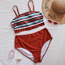 Load image into Gallery viewer, Striped Plus Size Women 2 Pieces Bikini Women's Plus Size Bathing Suits Two Piece High Cut Bikini Sets Waist Swimsuits Swimwear Large Size Swimsuit Off Shoulder High Waist Bathing Suit High Cut Swimwear
