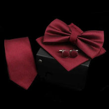 Load image into Gallery viewer, Stylish Solid Color Polyester Tie Bowtie Handkerchief Cufflinks Set For Men Butterfly Wedding Party Necktie Men's Fashion Bowtie
