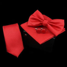 Load image into Gallery viewer, Stylish Solid Color Polyester Tie Bowtie Handkerchief Cufflinks Set For Men Butterfly Wedding Party Necktie Men's Fashion Bowtie
