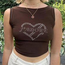 Load image into Gallery viewer, Summer casual cute Heart-Shape Rhinestone O Neck Tank Crop Top Sexy cute women's fashion tops
