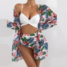 Load image into Gallery viewer, Summer Floral Print Bikini Swimsuit Women 3 Piece High-Waist Bikini Set Swimwear Female Push-Up Bathing Suit Tropical High Waist Wrap Swimsuit With Beach Cover Ups Soft And Breathable Summer Bikini
