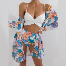 Load image into Gallery viewer, Summer Floral Print Bikini Swimsuit Women 3 Piece High-Waist Bikini Set Swimwear Female Push-Up Bathing Suit Tropical High Waist Wrap Swimsuit With Beach Cover Ups Soft And Breathable Summer Bikini
