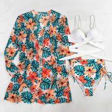 Load image into Gallery viewer, Summer Floral Print Bikini Swimsuit Women 3 Piece High-Waist Bikini Set Swimwear Female Push-Up Bathing Suit Tropical High Waist Wrap Swimsuit With Beach Cover Ups Soft And Breathable Summer Bikini
