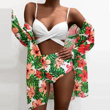 Load image into Gallery viewer, Summer Floral Print Bikini Swimsuit Women 3 Piece High-Waist Bikini Set Swimwear Female Push-Up Bathing Suit Tropical High Waist Wrap Swimsuit With Beach Cover Ups Soft And Breathable Summer Bikini
