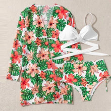 Load image into Gallery viewer, Summer Floral Print Bikini Swimsuit Women 3 Piece High-Waist Bikini Set Swimwear Female Push-Up Bathing Suit Tropical High Waist Wrap Swimsuit With Beach Cover Ups Soft And Breathable Summer Bikini
