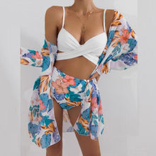 Load image into Gallery viewer, Summer Floral Print Bikini Swimsuit Women 3 Piece High-Waist Bikini Set Swimwear Female Push-Up Bathing Suit Tropical High Waist Wrap Swimsuit With Beach Cover Ups Soft And Breathable Summer Bikini
