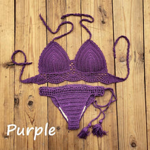 Load image into Gallery viewer, Summer Hand Crochet Women Swimwear Crop Top Push Up Bikini Set Beach Swimsuit Suit Tassel Swim Beach Beachwear Bikini Bra Bikini Swimsuit Women Beach Crochet Crop Summer Halter Bikini
