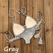 Load image into Gallery viewer, Summer Hand Crochet Women Swimwear Crop Top Push Up Bikini Set Beach Swimsuit Suit Tassel Swim Beach Beachwear Bikini Bra Bikini Swimsuit Women Beach Crochet Crop Summer Halter Bikini
