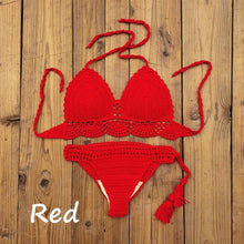 Load image into Gallery viewer, Summer Hand Crochet Women Swimwear Crop Top Push Up Bikini Set Beach Swimsuit Suit Tassel Swim Beach Beachwear Bikini Bra Bikini Swimsuit Women Beach Crochet Crop Summer Halter Bikini
