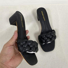 Load image into Gallery viewer, Summer Solid Weave Women Square Heel Sandal Fashion Thick High Heels Outdoor Party Slides Sandals Womens Open Toe Flat Slip-on Leather Weave Casual Walking Slippers Flip Flop
