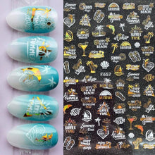Load image into Gallery viewer, Summer Tropical Beach Coconut Tree Slippers 3D Nail Sticker Leaves Shell Transfer Decals Slider Decoration Manicures  Tip Water Transfer Nail Decals Sticker For Pretty Girl Self-Adhesive Nail Decals Designer Nail Stickers for Acrylic
