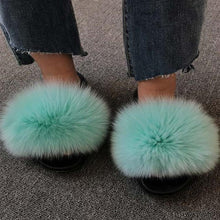 Load image into Gallery viewer, Summer Women Fox Fur Slippers Indoor Slides Fashion Flip Flops Casual Sandals Furry Fluffy Plush Slides Lightweight House Slippers Fluffy Sandals Outdoor Indoor Women Shoes
