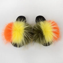 Load image into Gallery viewer, Summer Women Raccoon Fur Slippers Plush Slides Furry Sandals Fluffy House Shoes Girl's Cute Flip Flops Sandal With Soft Furry Faux Fox Fur House Outdoor Multicolor Slippers
