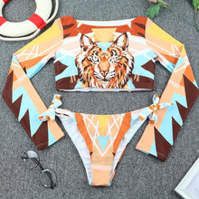 Load image into Gallery viewer, Surfing Swimsuit For Women Bikini Long Sleeve Swimwear Tiger Print Push Up Summer Bath Suit Two Piece Surfing Rash Guard Bikini Long Sleeve Swimsuit Set
