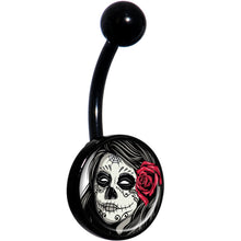 Load image into Gallery viewer, Katrina Sugar Skull with Rose Flower Black Belly Ring
