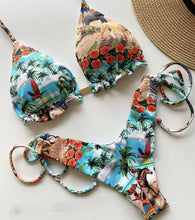 Load image into Gallery viewer, Tassel Leaves Print Woman Swimsuit Women's Two Piece Swimsuit Floral Print Bikini Sets New Comfortable Beach Bikini Bathing Suit Halter Triangle Lace Up Swimwear For Women
