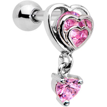 Load image into Gallery viewer, 16G 1/4 Pink CZ Gem Triple Heart Dangle Cartilage Tragus Earring

