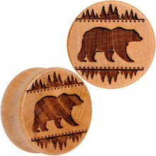 Load image into Gallery viewer, Organic Beechwood Holiday Bear in the Woods Saddle Plug Set Sizes 8mm to 20mm

