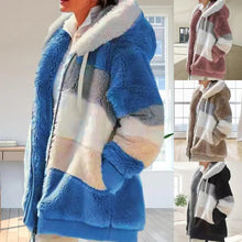 Load image into Gallery viewer, Plus Size Jacket Women Autumn Winter Long Sleeve Color Block Zipper Fluff Hooded Warm Coat Jacket
