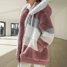 Load image into Gallery viewer, Plus Size Jacket Women Autumn Winter Long Sleeve Color Block Zipper Fluff Hooded Warm Coat Jacket
