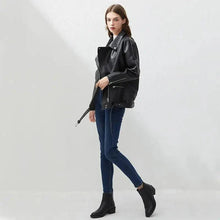 Load image into Gallery viewer, PU Faux Leather Jacket Women Loose Sashes Casual Biker Jackets Outwear Female Tops BF Style Black Leather Jacket Coat
