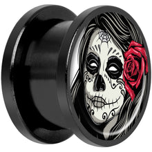 Load image into Gallery viewer, Katrina Sugar Skull with Rose Flower Black Anodized Screw Fit Plug Set 9/16
