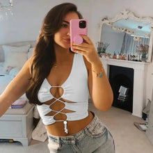 Load image into Gallery viewer, Trendy fashion styles cute summer Hollow Out Lace Up Patchwork Tank Crop Top flattering tops Summer Clothes
