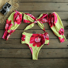 Load image into Gallery viewer, Trendy High Waist Bikini New Long Sleeve Swimsuit  Women's Long Sleeve High Waist Off-Shoulder Swimwear Women Bubble Sleeve Bikinis Mesh Charming Beach Wear
