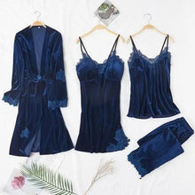Load image into Gallery viewer, Trendy New Four Pieces Warm Winter Pajamas Sets Women Stylish Lace Robe Pajama Sleepwear Suit Sleeveless Nightwear Women's Sleepwear Set 4-Piece Women's Pajamas Elegant Comfortable Loungewear Satin Sleepwear with Robe Nightgown Pants
