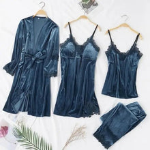 Load image into Gallery viewer, Trendy New Four Pieces Warm Winter Pajamas Sets Women Stylish Lace Robe Pajama Sleepwear Suit Sleeveless Nightwear Women's Sleepwear Set 4-Piece Women's Pajamas Elegant Comfortable Loungewear Satin Sleepwear with Robe Nightgown Pants
