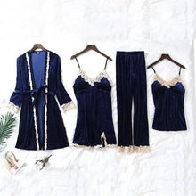 Load image into Gallery viewer, Trendy New Four Pieces Warm Winter Pajamas Sets Women Stylish Lace Robe Pajama Sleepwear Suit Sleeveless Nightwear Women's Sleepwear Set 4-Piece Women's Pajamas Elegant Comfortable Loungewear Satin Sleepwear with Robe Nightgown Pants

