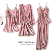 Load image into Gallery viewer, Trendy New Four Pieces Warm Winter Pajamas Sets Women Stylish Lace Robe Pajama Sleepwear Suit Sleeveless Nightwear Women's Sleepwear Set 4-Piece Women's Pajamas Elegant Comfortable Loungewear Satin Sleepwear with Robe Nightgown Pants
