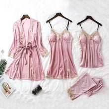 Load image into Gallery viewer, Trendy New Four Pieces Warm Winter Pajamas Sets Women Stylish Lace Robe Pajama Sleepwear Suit Sleeveless Nightwear Women's Sleepwear Set 4-Piece Women's Pajamas Elegant Comfortable Loungewear Satin Sleepwear with Robe Nightgown Pants
