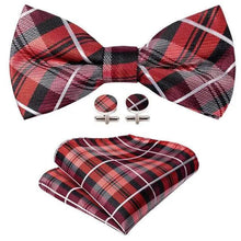 Load image into Gallery viewer, Trendy Patterned Silk Jacquard Plaid Bowtie With  Pocket Square And Cufflinks Set For Men Unique  Butterfly Party Wedding Casual Business Bowtie For Men

