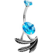 Load image into Gallery viewer, Blue CZ Gem Feather Trio Dangle Belly Ring
