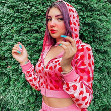 Load image into Gallery viewer, Unique Design Velvet Heart Print Cropped Top Bomber Jacket For Women Autumn Cute Pink Long Sleeve Coats Zipper Winter Overcoat
