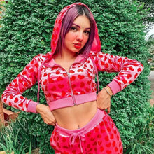 Load image into Gallery viewer, Unique Design Velvet Heart Print Cropped Top Bomber Jacket For Women Autumn Cute Pink Long Sleeve Coats Zipper Winter Overcoat
