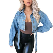 Load image into Gallery viewer, Unique Design Women's Denim Cropped Jacket Female Pockets Hole Short Jean Jackets Ladies Fashionable Button Casual Solid Coats
