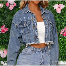 Load image into Gallery viewer, Unique Design Women's Denim Cropped Jacket Female Pockets Hole Short Jean Jackets Ladies Fashionable Button Casual Solid Coats
