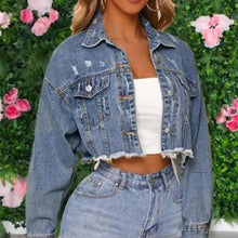 Load image into Gallery viewer, Unique Design Women's Denim Cropped Jacket Female Pockets Hole Short Jean Jackets Ladies Fashionable Button Casual Solid Coats
