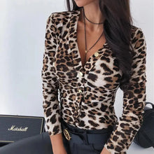 Load image into Gallery viewer, Unique Design Women's Snakeskin Leopard Print Blouse Ladies Casual Long Sleeve V-neck Button Down Bodycon Slim Fit Tops
