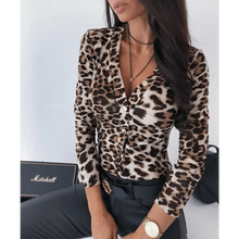 Load image into Gallery viewer, Unique Design Women's Snakeskin Leopard Print Blouse Ladies Casual Long Sleeve V-neck Button Down Bodycon Slim Fit Tops
