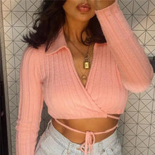 Load image into Gallery viewer, Unique Design Women's Sweater Solid Cross V-Neck Lace Up Bow Jumpers Long Sleeve Cardigan Female Spring Knitted Coat
