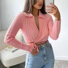 Load image into Gallery viewer, Unique Design Women's Sweater Solid Cross V-Neck Lace Up Bow Jumpers Long Sleeve Cardigan Female Spring Knitted Coat
