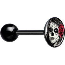 Load image into Gallery viewer, Katrina Sugar Skull with Rose Flower Black Barbell Tongue Ring
