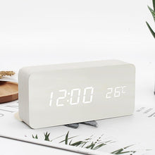 Load image into Gallery viewer, USB/AAA Powered LED Digital Clock Wooden Alarm Clock Table Clock Wooden Digital Alarm Clock with Wireless Charging 3 Alarms LED Display Sound Control and Snooze Dual for Bedroom Bedside Office Voice Control Electronic Clock Desktop Decor
