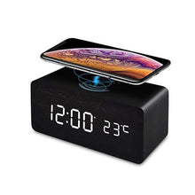 Load image into Gallery viewer, USB/AAA Powered LED Digital Clock Wooden Alarm Clock Table Clock Wooden Digital Alarm Clock with Wireless Charging 3 Alarms LED Display Sound Control and Snooze Dual for Bedroom Bedside Office Voice Control Electronic Clock Desktop Decor
