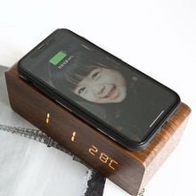 Load image into Gallery viewer, USB/AAA Powered LED Digital Clock Wooden Alarm Clock Table Clock Wooden Digital Alarm Clock with Wireless Charging 3 Alarms LED Display Sound Control and Snooze Dual for Bedroom Bedside Office Voice Control Electronic Clock Desktop Decor
